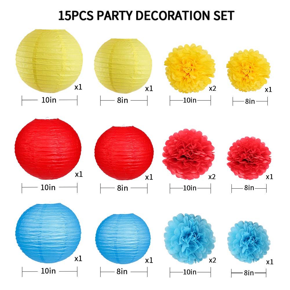 Zilue Carnival Circus Party Decorations, Red Yellow Blue Paper Lanterns And Pom Poms Flowers For Birthday Party Baby Showers Car